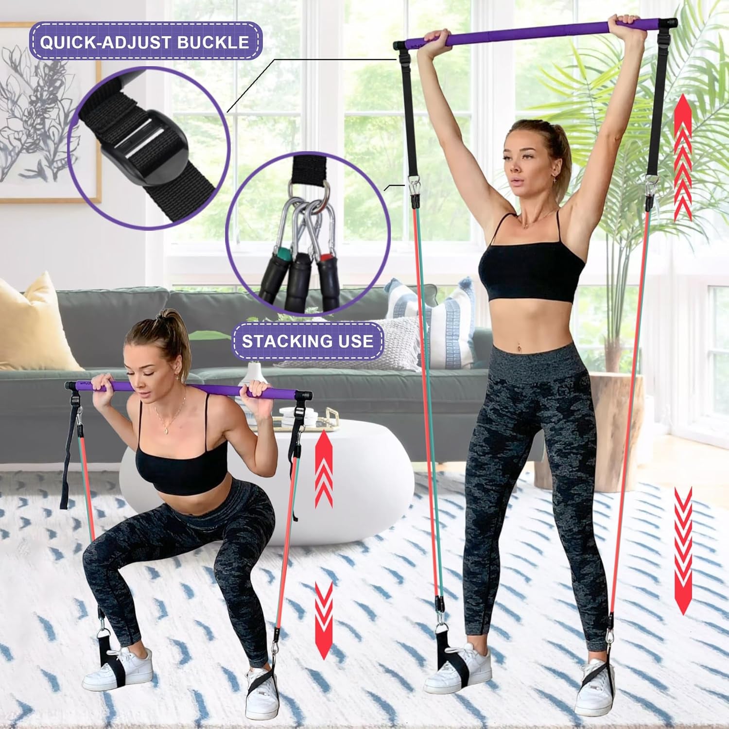 Portable Pilates Bar Kit with Resistance Bands for Men and Women - 3 Set Exercise Resistance Bands - Multifunctional Home Gym - Supports Full-Body Workouts – with Fitness Poster and Video