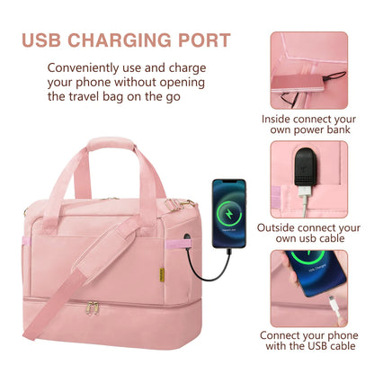 3Pcs Travel Duffle Bag, Tote Gym Bag with Shoes Compartment & Shoes Bag, Weekender Overnight for Women with Wet Pocket & USB Charging Port, Carry on Bag for Women, Travel, Gym, Weekend, Pink