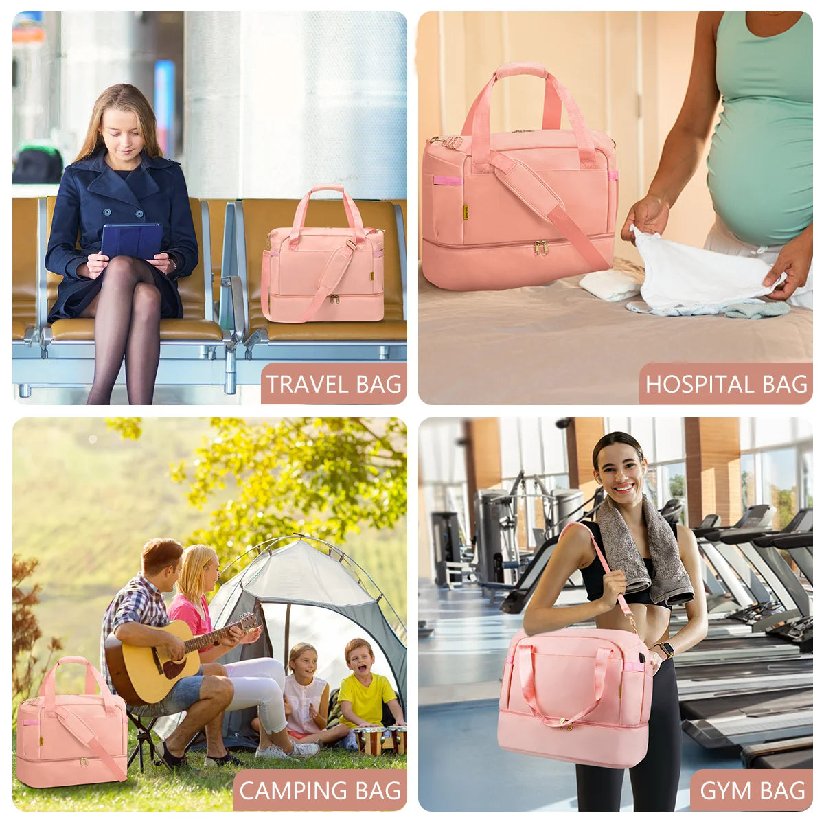 3Pcs Travel Duffle Bag, Tote Gym Bag with Shoes Compartment & Shoes Bag, Weekender Overnight for Women with Wet Pocket & USB Charging Port, Carry on Bag for Women, Travel, Gym, Weekend, Pink