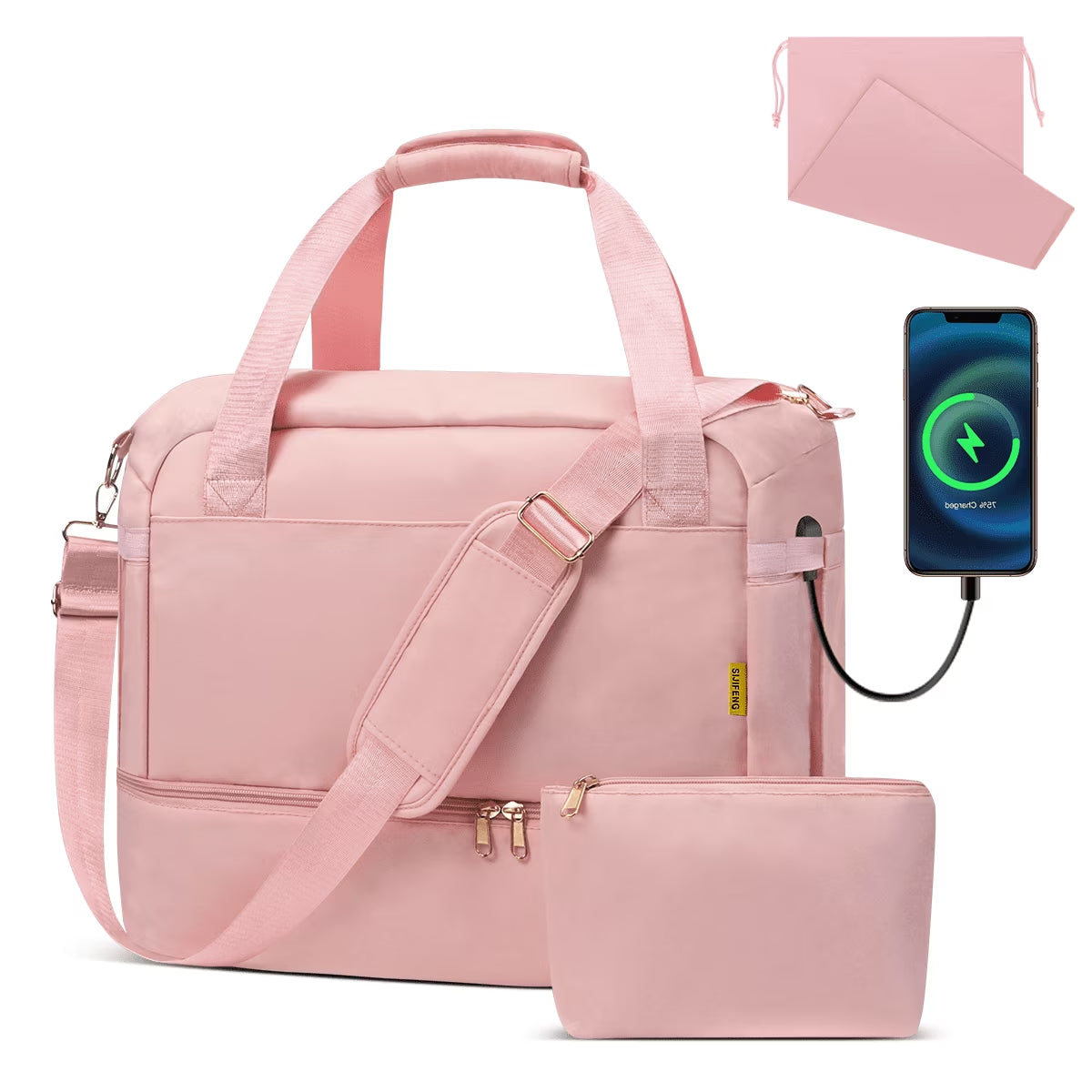 3Pcs Travel Duffle Bag, Tote Gym Bag with Shoes Compartment & Shoes Bag, Weekender Overnight for Women with Wet Pocket & USB Charging Port, Carry on Bag for Women, Travel, Gym, Weekend, Pink